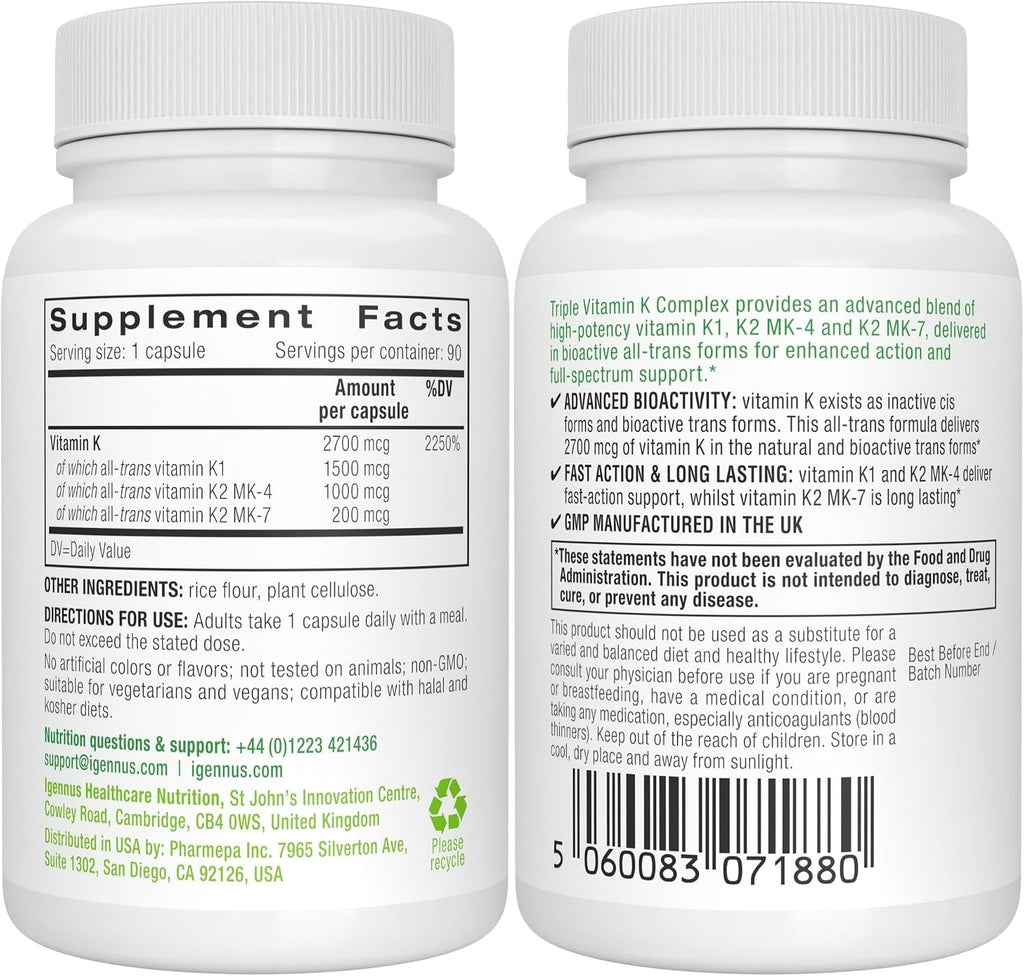 Igennus Complejo de Vitamina K de Alta Potencia, K1 y K2 (MK-4 y MK-7), 90 Cápsulas