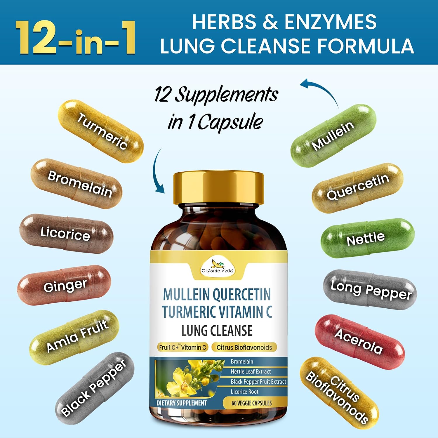 Organic Veda Mullein Quercetin Turmeric – 13 en 1 Suplemento Pulmonar (60 Cápsulas)