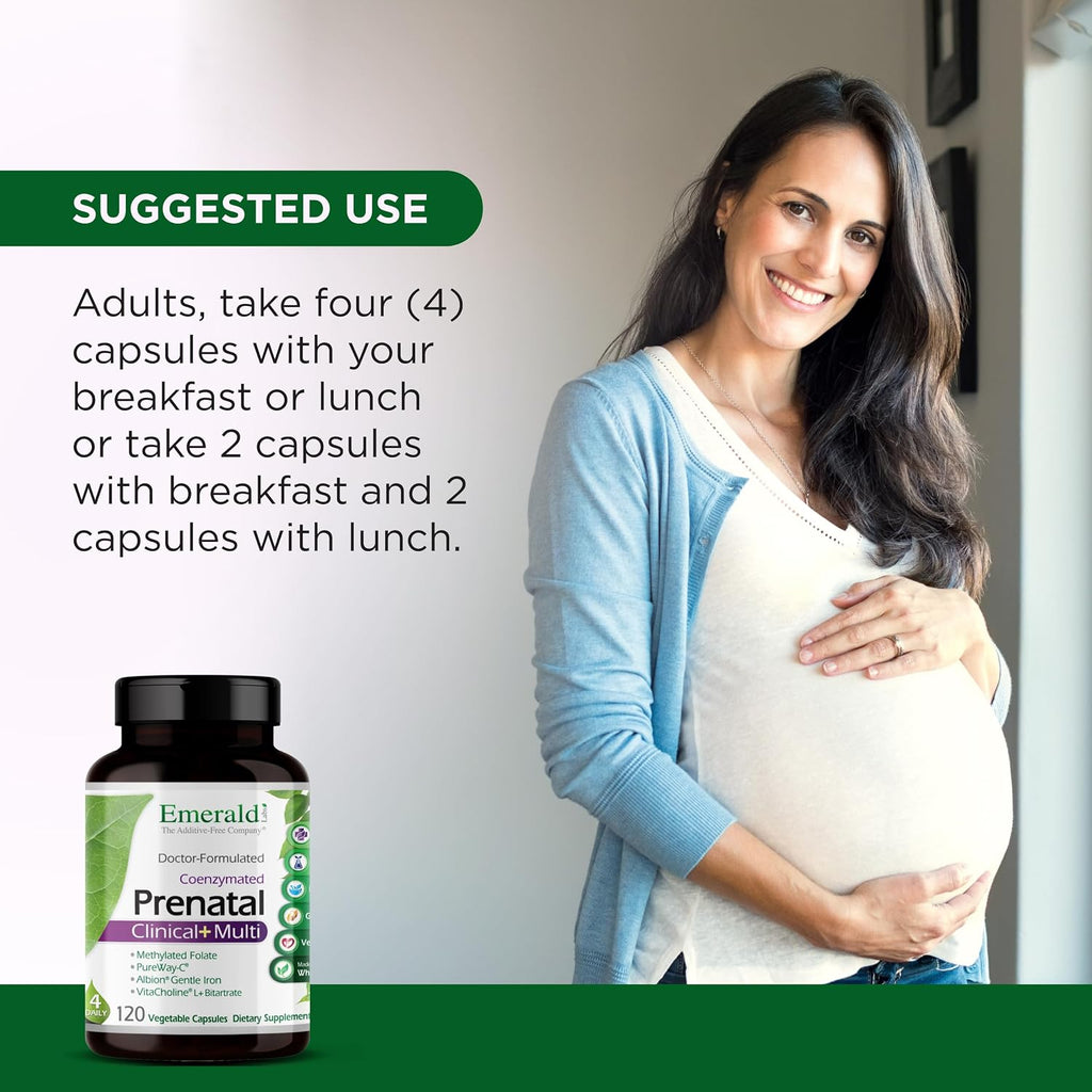 EMERALD LABS Prenatal Clinical Multi - Multivitamínico Prenatal con Metilfolato, Hierro Quelado Suave Albion, Ingredientes de Alimentos Integrales - Sin Soja ni Gluten - 120 Cápsulas Vegetales