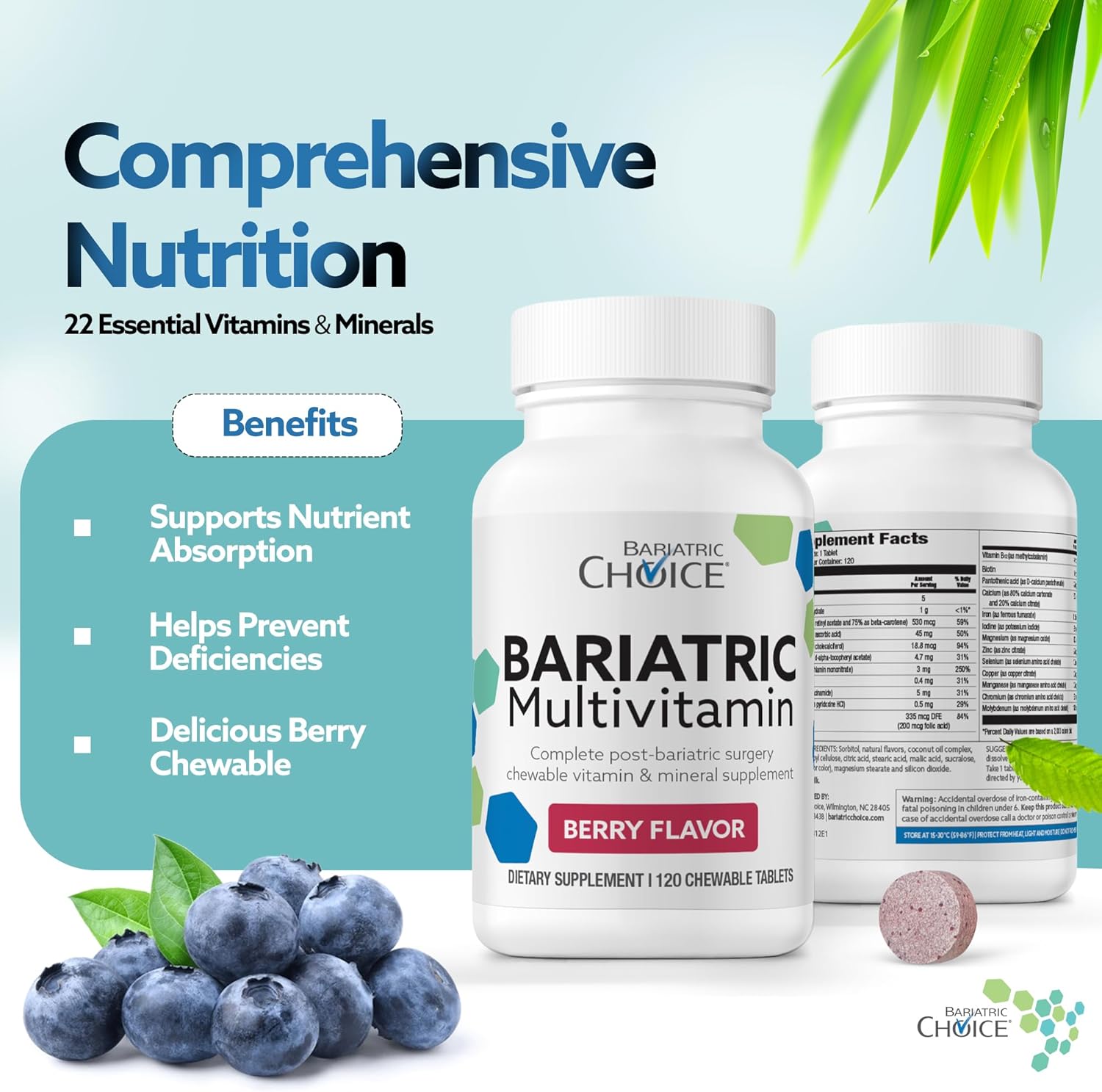 Bariatric Choice My Bariatric Multivitamínico Masticable con Hierro y Calcio, Berry (120 comprimidos)