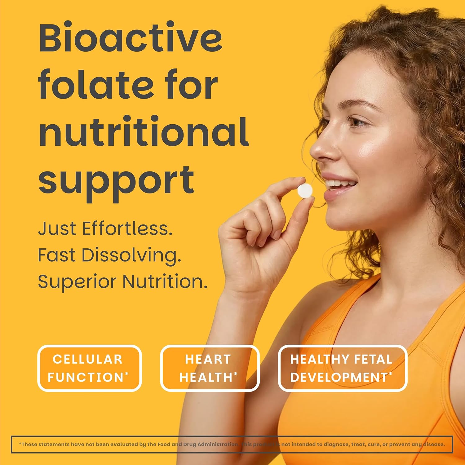 EZ Melts Folato Disolvable 1,667 mcg DFE - Complemento de Folato Metilado - Salud Cardíaca y Desarrollo Fetal Saludable - No GMO, Vegano y Sin Lácteos - Sabor Naranja - 60 Comprimidos Disolubles
