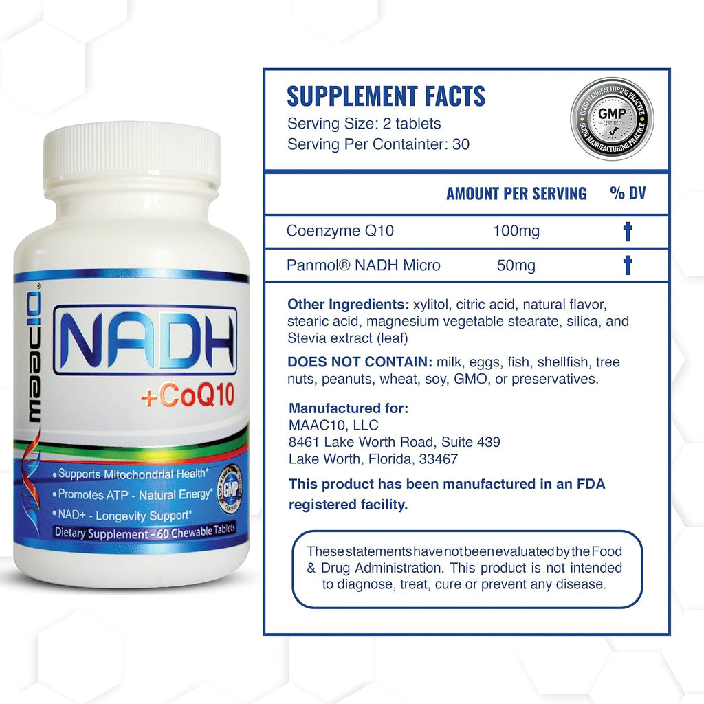 MAAC10 NADH + CoQ10 Comprimidos Masticables (Paquete de 3 - 180 Comprimidos) | 50mg PANMOL® NADH + 100mg CoQ10