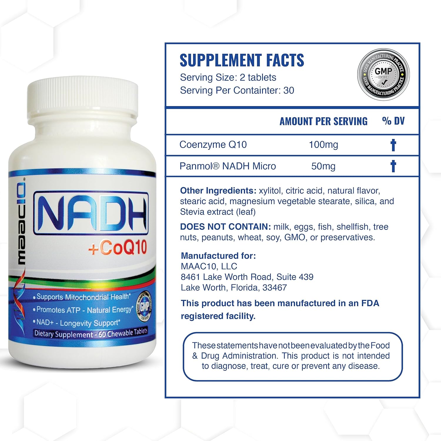 MAAC10 NADH + CoQ10 Comprimidos Masticables (Paquete de 3 - 180 Comprimidos) | 50mg PANMOL® NADH + 100mg CoQ10