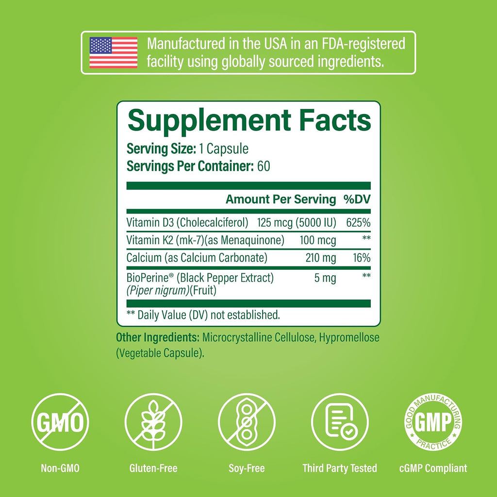 Noophoric Vitamina D3 K2 5000 UI con K2 MK7 y Calcio - 60 Cápsulas