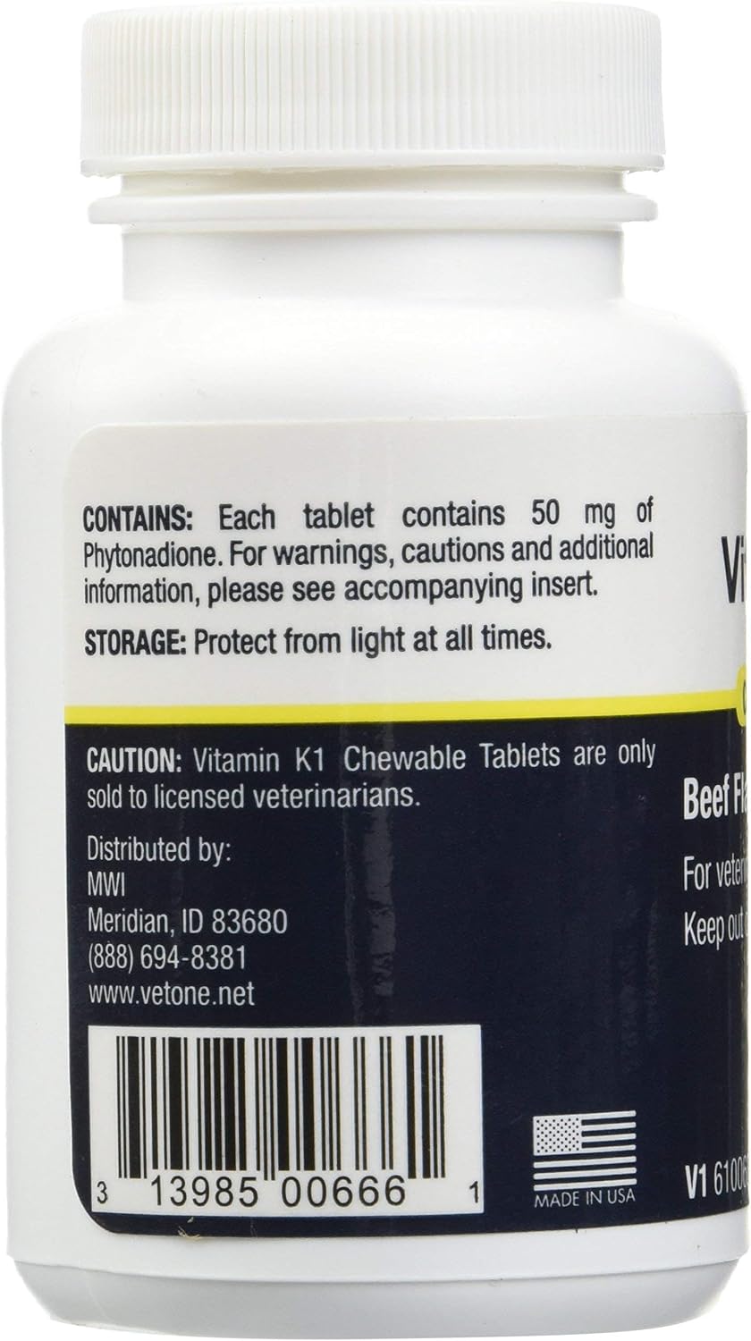Vet One Vitamina K1 Masticables - Vitamina K1 para Perros y Gatos, Sabor Carne de Res, 50 Comprimidos, 50 mg de Fitonadiona