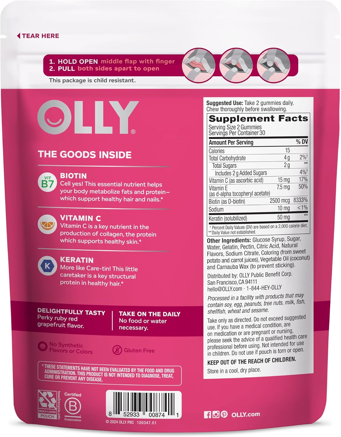 OLLY Undeniable Beauty Gummies - Biotina, Vitamina C y Queratina - 60 Gominolas