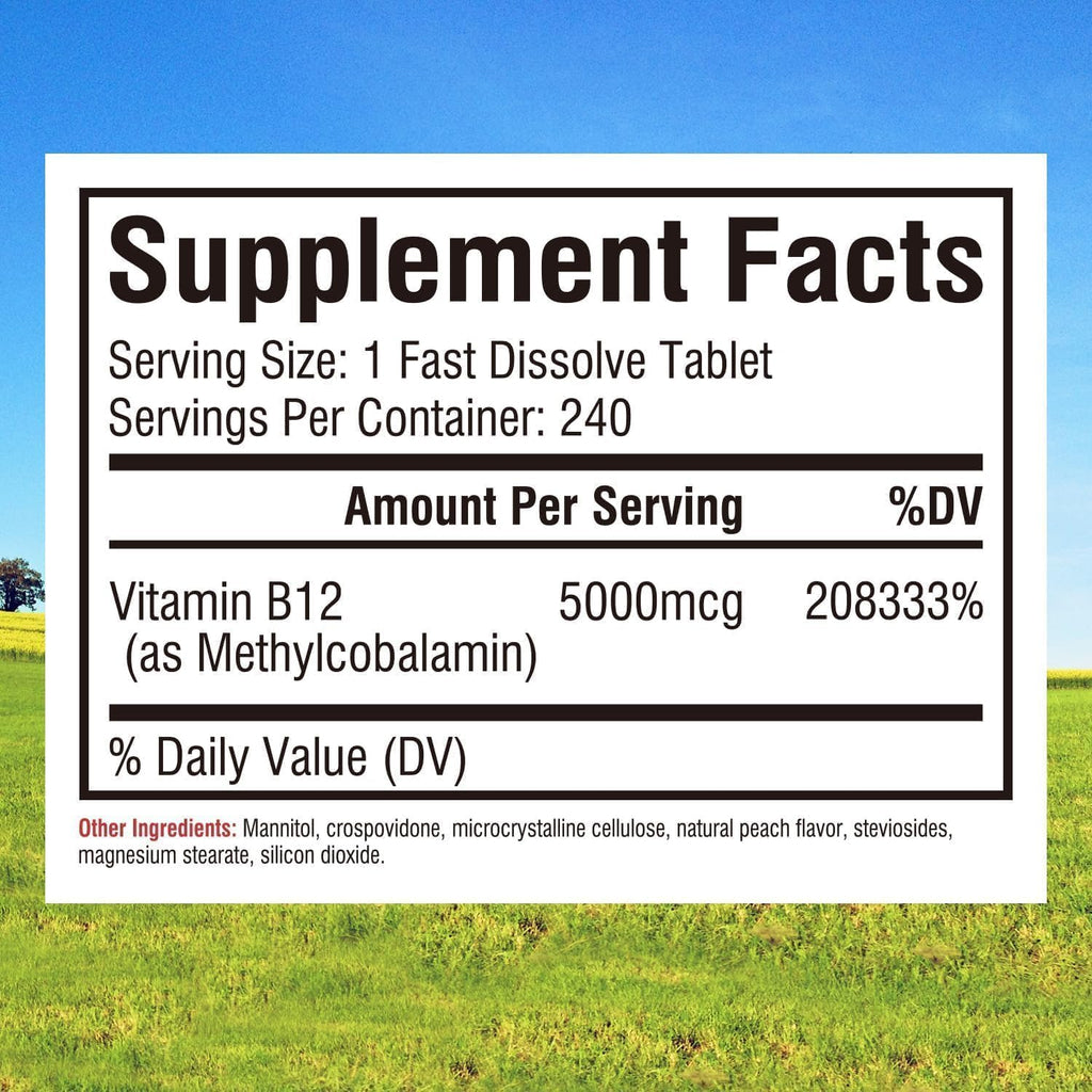 Innate Vitality Vitamina B12 5000mcg Sublingual Metilcobalamina Vegano - 240 Comprimidos Sabor Melocotón