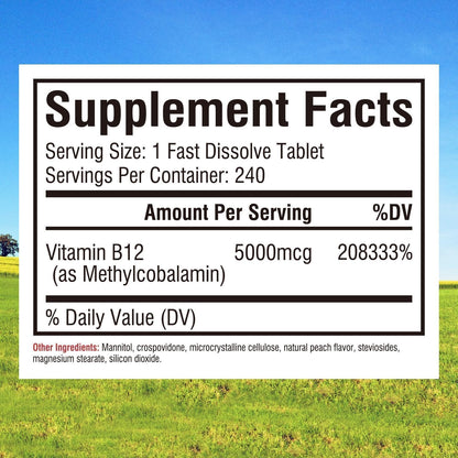 Innate Vitality Vitamina B12 5000mcg Sublingual Metilcobalamina Vegano - 240 Comprimidos Sabor Melocotón – Image 2