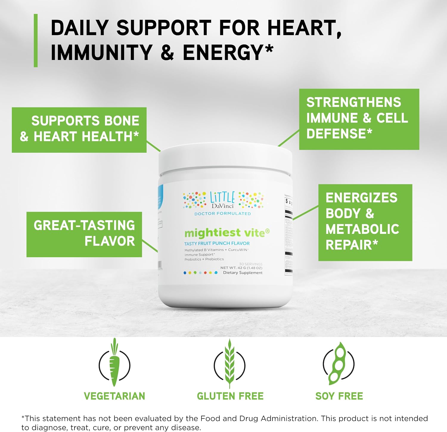 Little DaVinci Mightiest Vite - Multivitamínico para niños con probióticos y prebióticos - Sabor a frutas - 30 dosis (42 g)