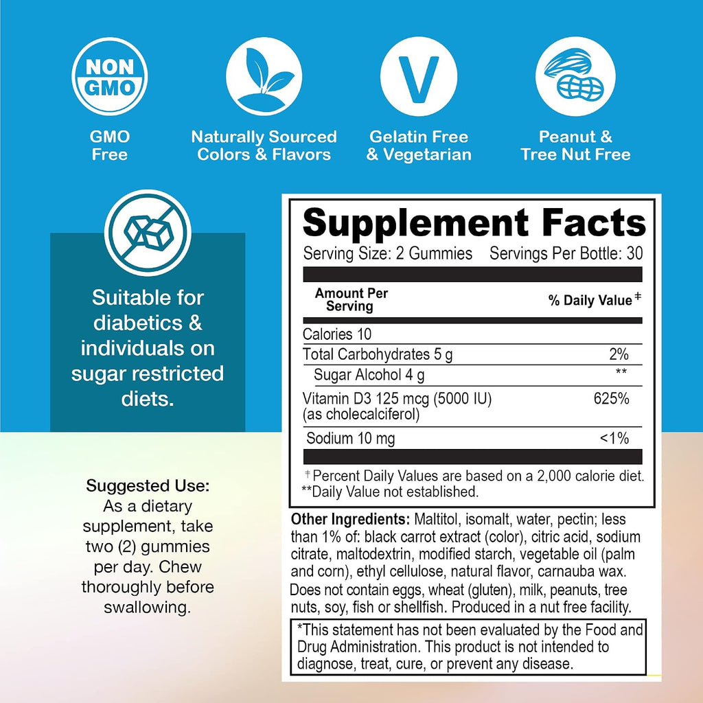 Yum-Vs Gominolas de Vitamina D3 Sin Azúcar - 125 mcg (5000 UI) - 60 Gominolas Vegetarianas