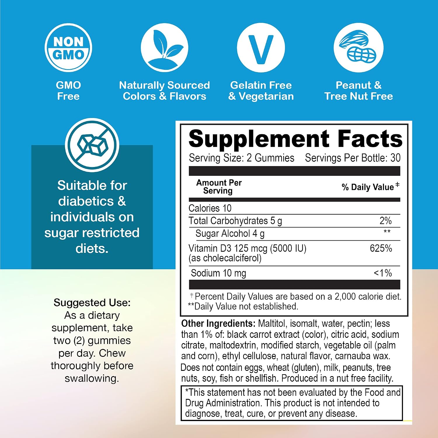 Yum-Vs Gominolas de Vitamina D3 Sin Azúcar - 125 mcg (5000 UI) - 60 Gominolas Vegetarianas