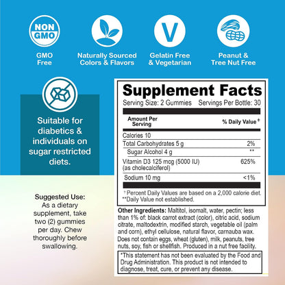 Yum-Vs Gominolas de Vitamina D3 Sin Azúcar - 125 mcg (5000 UI) - 60 Gominolas Vegetarianas – Image 5