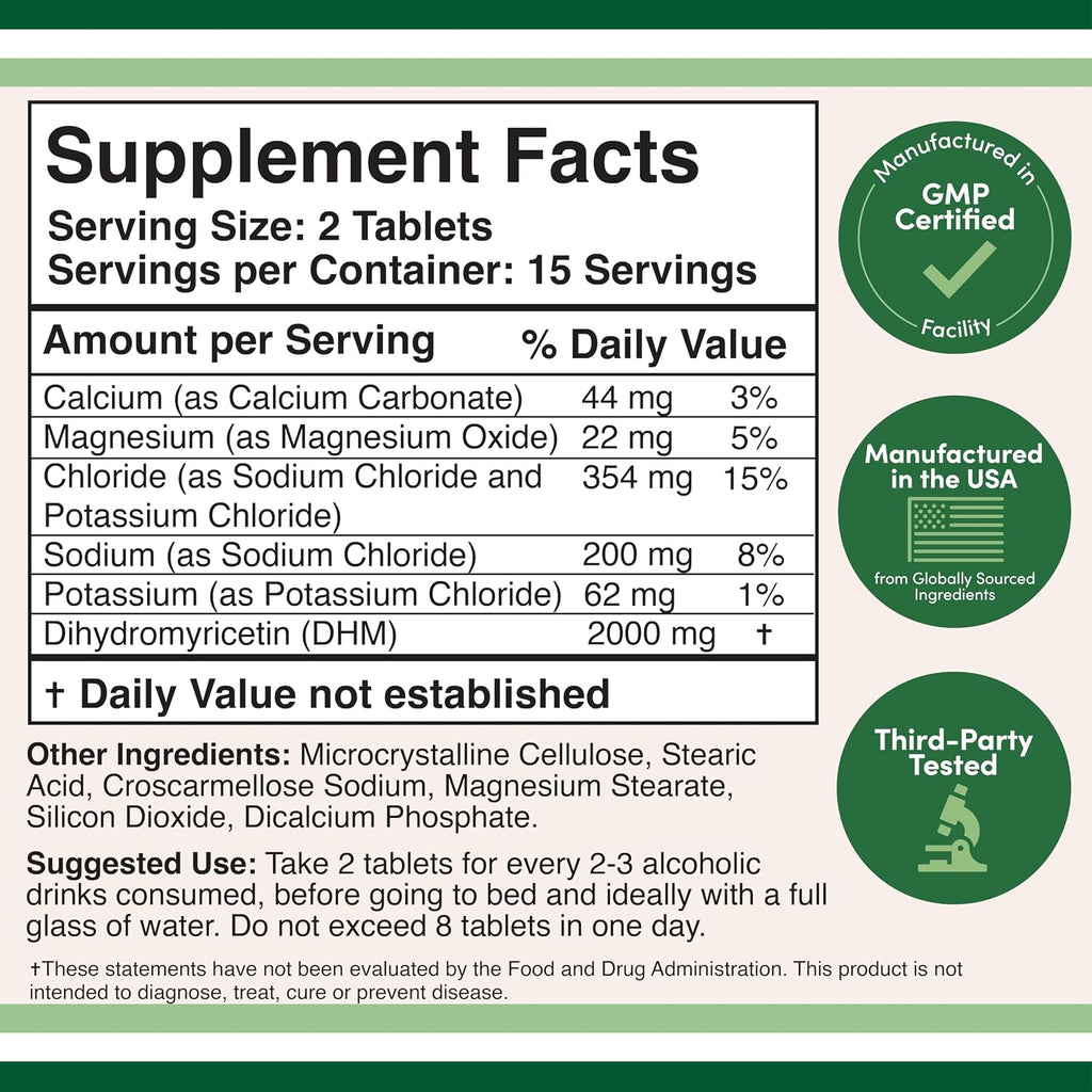 DHM1000 Dihidromiricetina (DHM) Tabletas - 1.000mg por Cápsula (30 Unidades) con Electrolitos