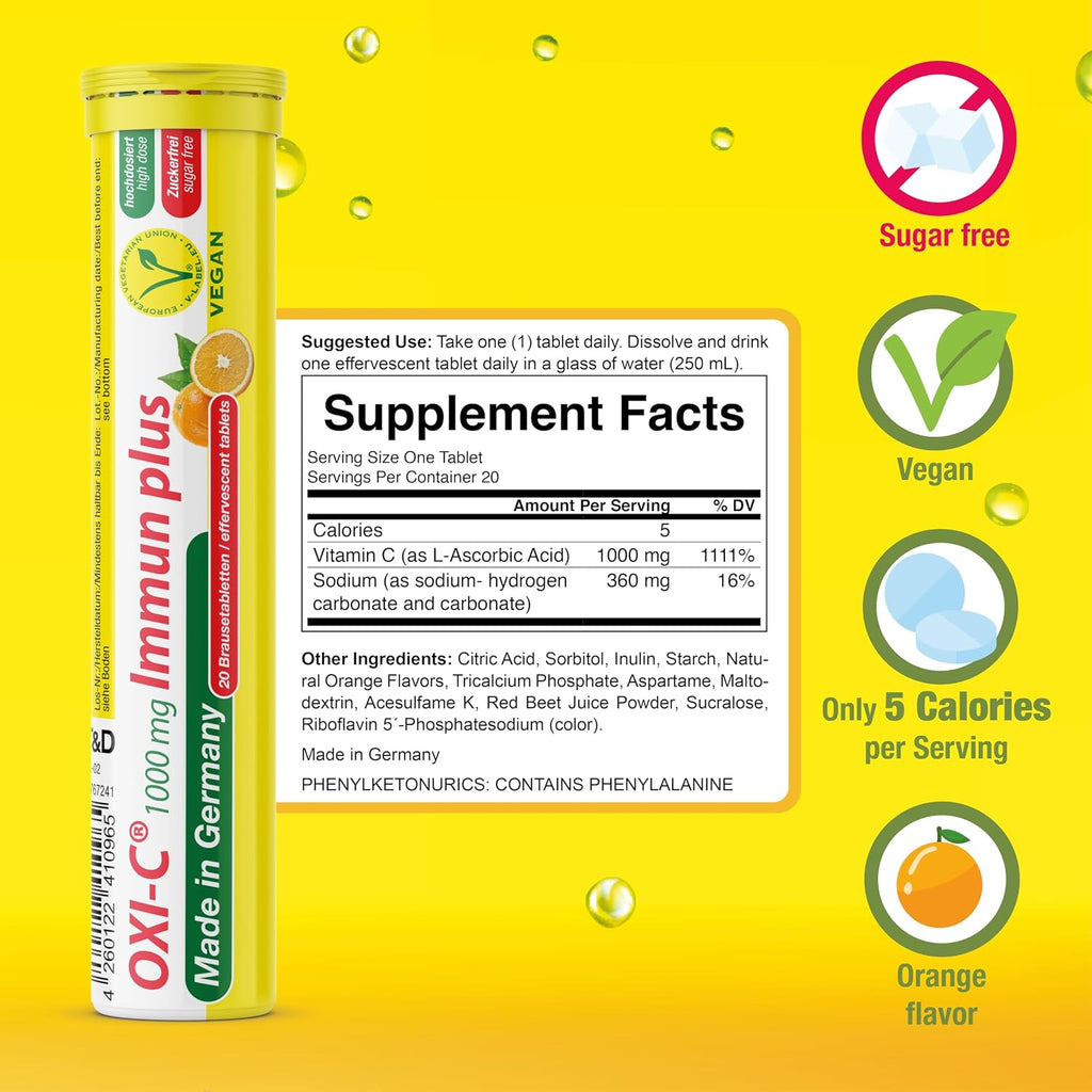 T&D Oxi C 1000 mg Vitamin C - 40 Comprimidos Efervescentes Veganos - Sabor Naranja - Hecho en Alemania