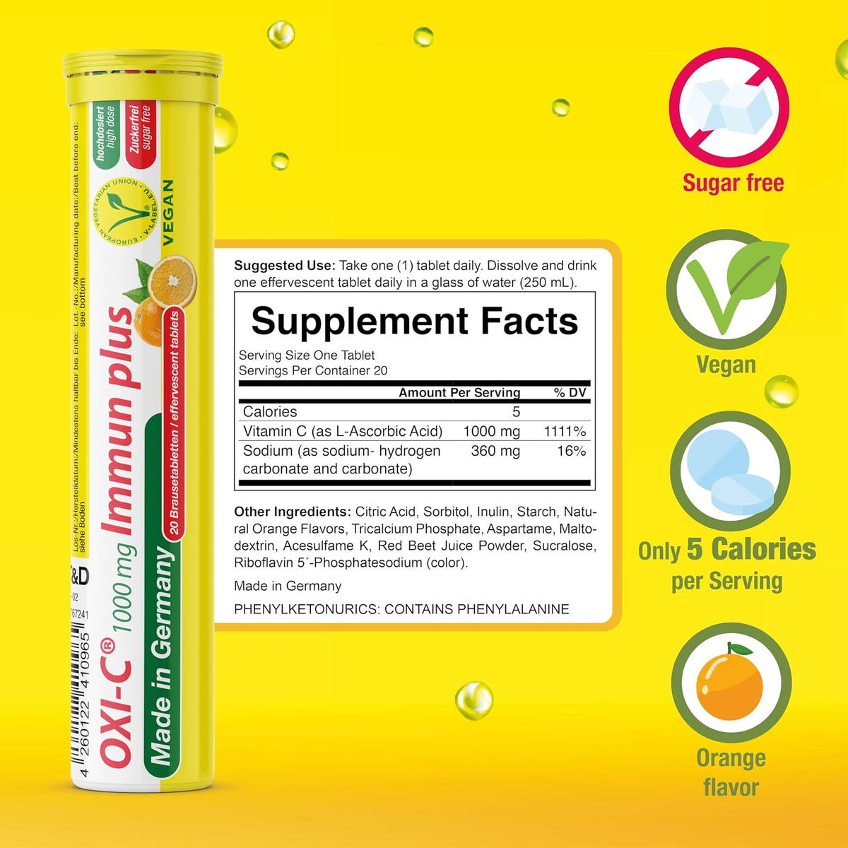 T&D Oxi C 1000 mg Vitamin C - 40 Comprimidos Efervescentes Veganos - Sabor Naranja - Hecho en Alemania – Image 3