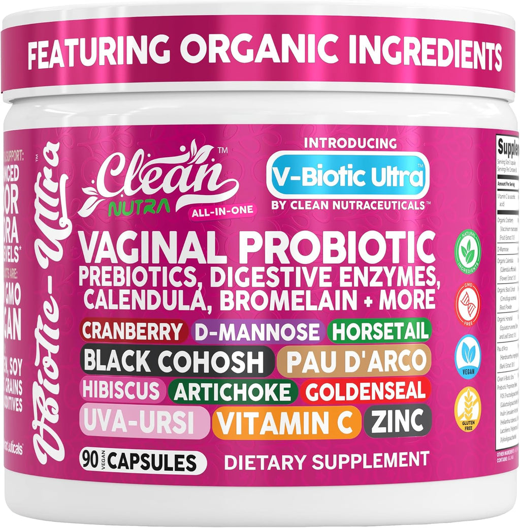 Clean Nutra Vaginal Probiotics for Women + Prebiotics Digestive Enzymes Bromelain Cranberry D Mannose Horsetail Black Cohosh Artichoke Hibiscus Flowers Probiotic for Digestive Health 90 Vegan Capsules