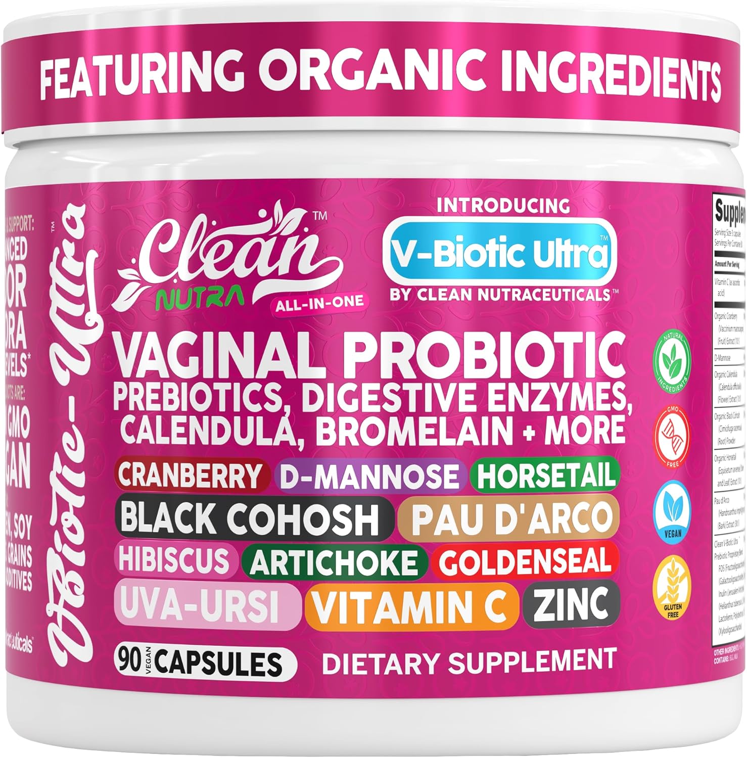 Clean Nutra Vaginal Probiotics for Women + Prebiotics Digestive Enzymes Bromelain Cranberry D Mannose Horsetail Black Cohosh Artichoke Hibiscus Flowers Probiotic for Digestive Health 90 Vegan Capsules