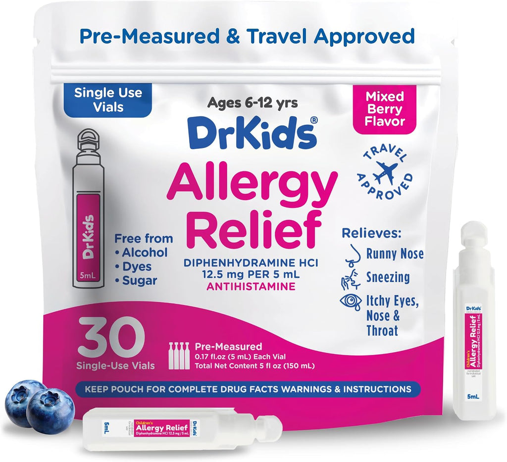 Dr. Kids Medicina Infantil para Alergias, Sabor Bayas Mixtas, 20 Viales Premedidos con Difenhidramina 12.5 mg