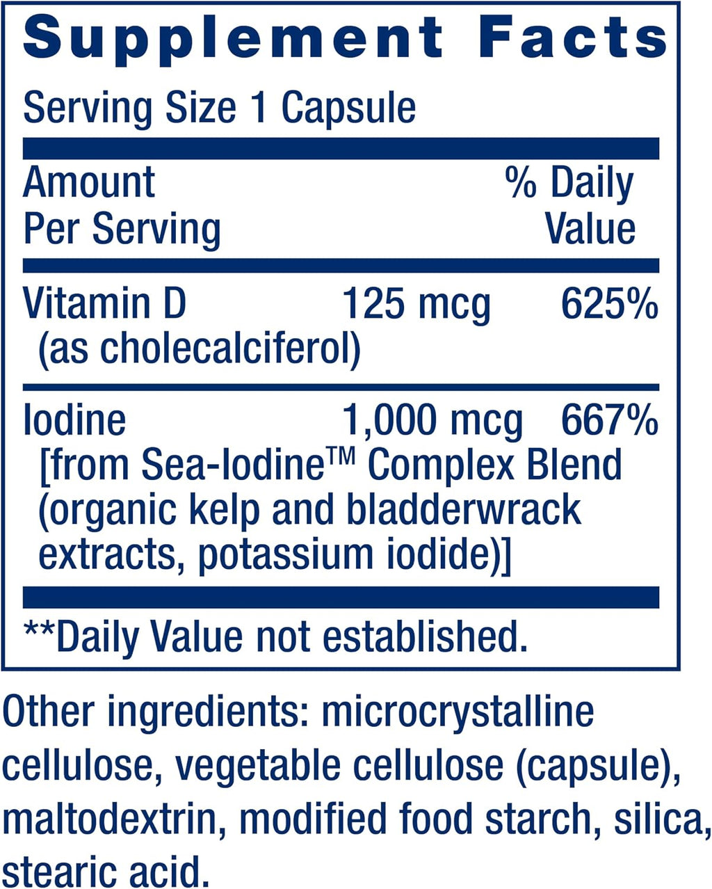 Life Extension Vitamina D3 con Yodo Marino, 125 mcg (5000 UI) – Apoyo Inmunitario, Salud Ósea, Tiroides – 1 al Día, Sin Gluten, No Transgénico – 60 Cápsulas