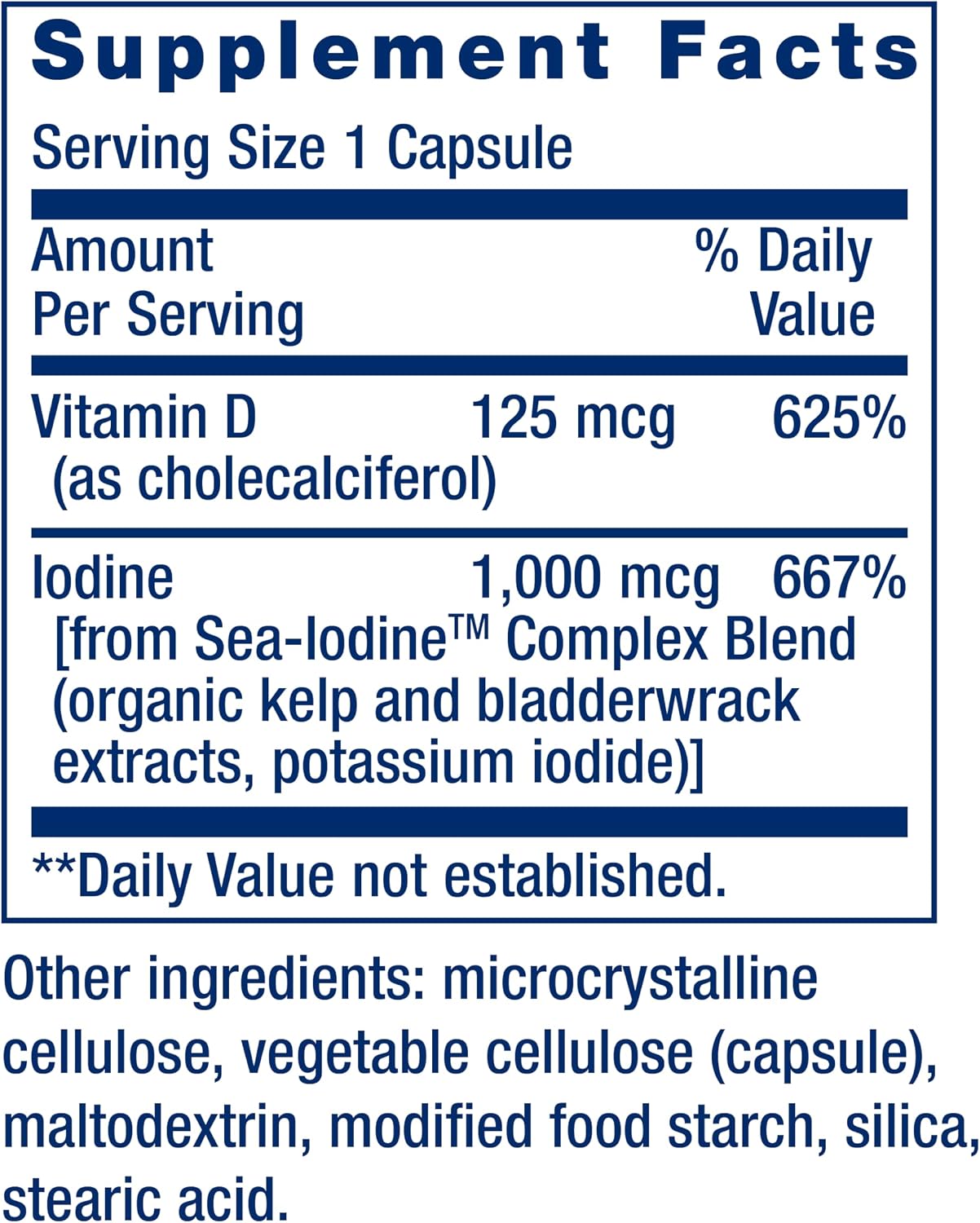 Life Extension Vitamina D3 con Yodo Marino, 125 mcg (5000 UI) – Apoyo Inmunitario, Salud Ósea, Tiroides – 1 al Día, Sin Gluten, No Transgénico – 60 Cápsulas