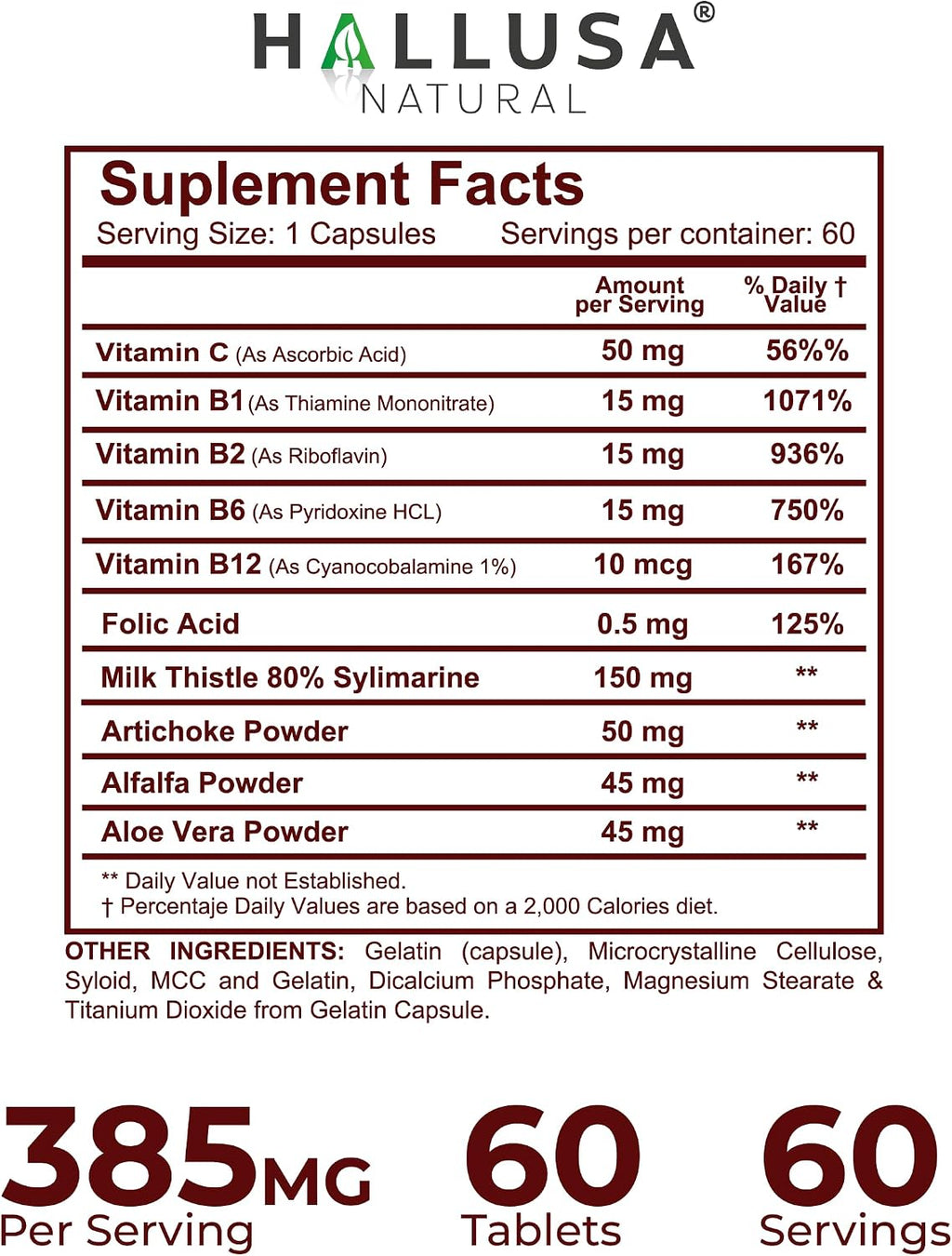 Hallusa Natural Suplemento para la Salud Hepática con Cardo Mariano, Complejo B y Alcachofa - 60 Comprimidos