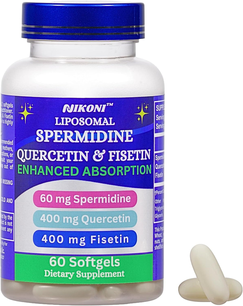 Nikoni Liposomal Spermidina, Quercetina, Fisetina 860mg - Apoyo al Envejecimiento Saludable, Renovación Celular, Función Cognitiva - 60 Cápsulas Blandas