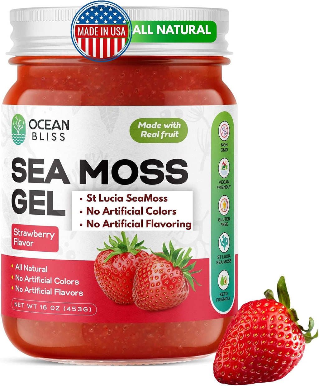 Sea Moss Gel Silvestre con Fresa Orgánica | 92+ Vitaminas y Minerales | Vegano, Sin Gluten | Ocean Bliss - 473 ml