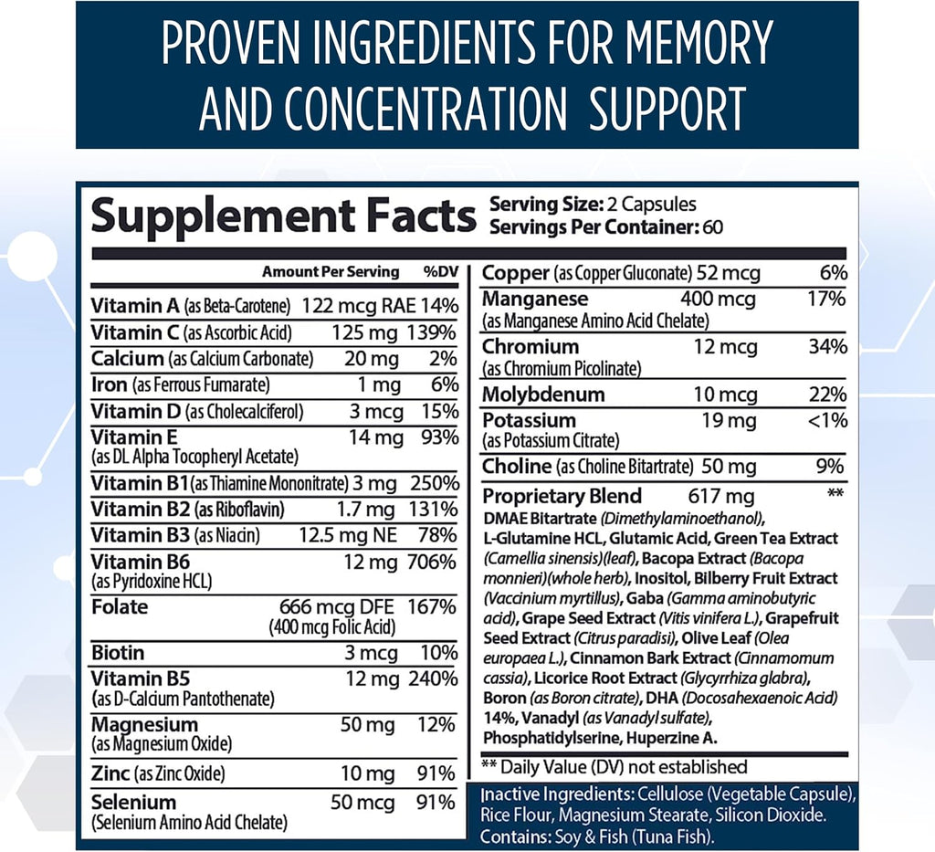 Neuro Plus Brain & Focus Formula - Nootrópico para Cerebro, Concentración y Claridad Mental - 120 Cápsulas