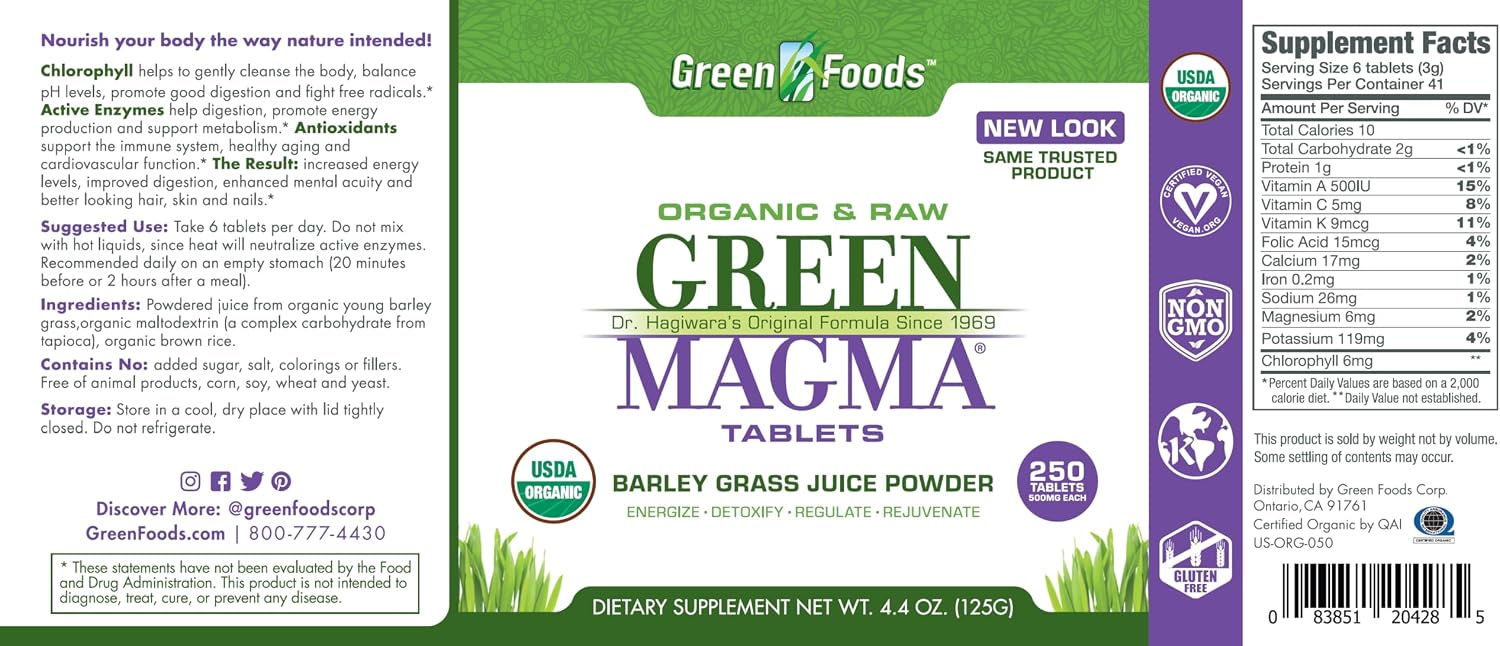 Green Foods Original Green Magma Suplemento Nutricional de Cebada Verde, 250 Comprimidos (500 mg c/u), Certificado Orgánico
