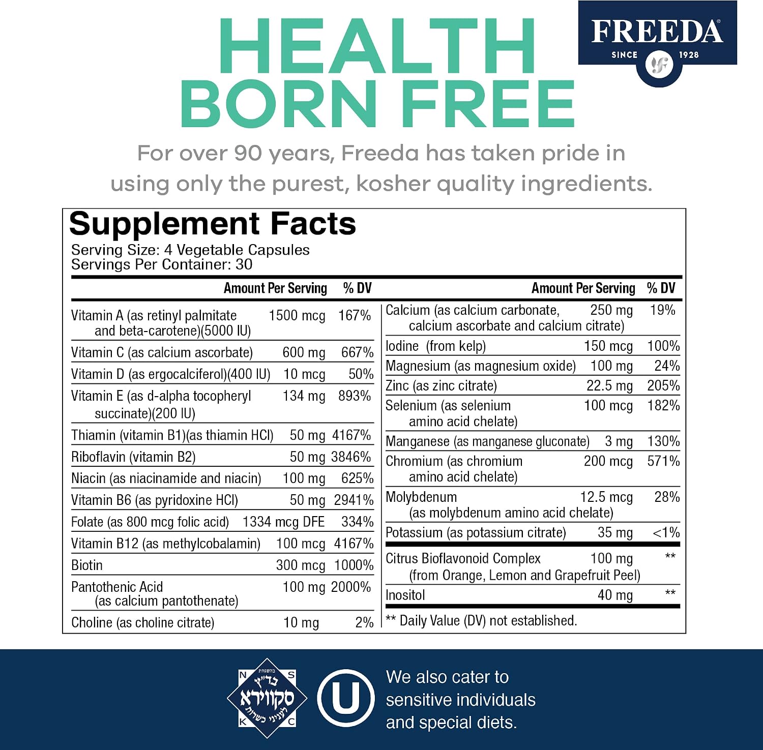 Freeda Maximum Strength Multivitamin – Multivitamínico de Alta Potencia Sin Hierro – 120 Cápsulas