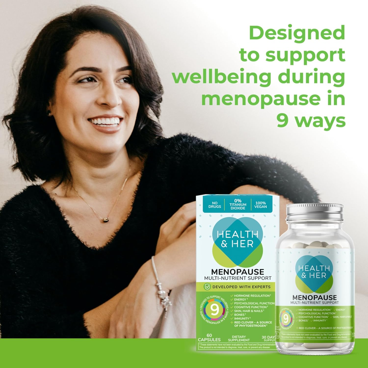 Health & Her Complementos para la Menopausia - Apoyo Multinutriente para Energía, Huesos, Músculos, Piel y Cabello - Vegano, Sin Gluten (60 Cápsulas - 1 Mes)