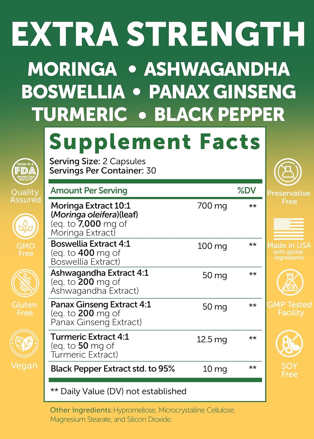 Lunakai Cápsulas de Moringa Pura – Extracto de Hoja de Moringa con Ashwagandha, Boswellia, Ginseng y Cúrcuma, 60 cápsulas