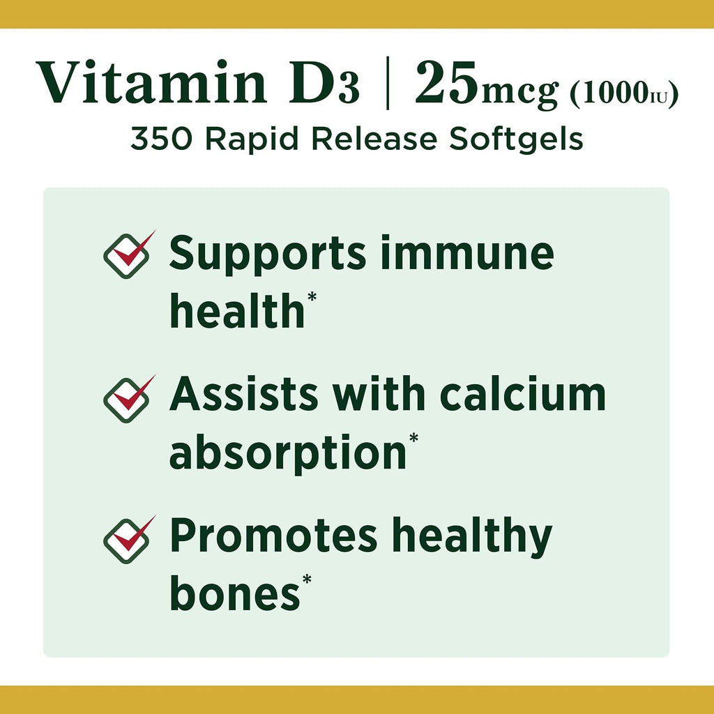 Nature's Bounty Vitamina D3 1000 IU, 350 Cápsulas Blandas