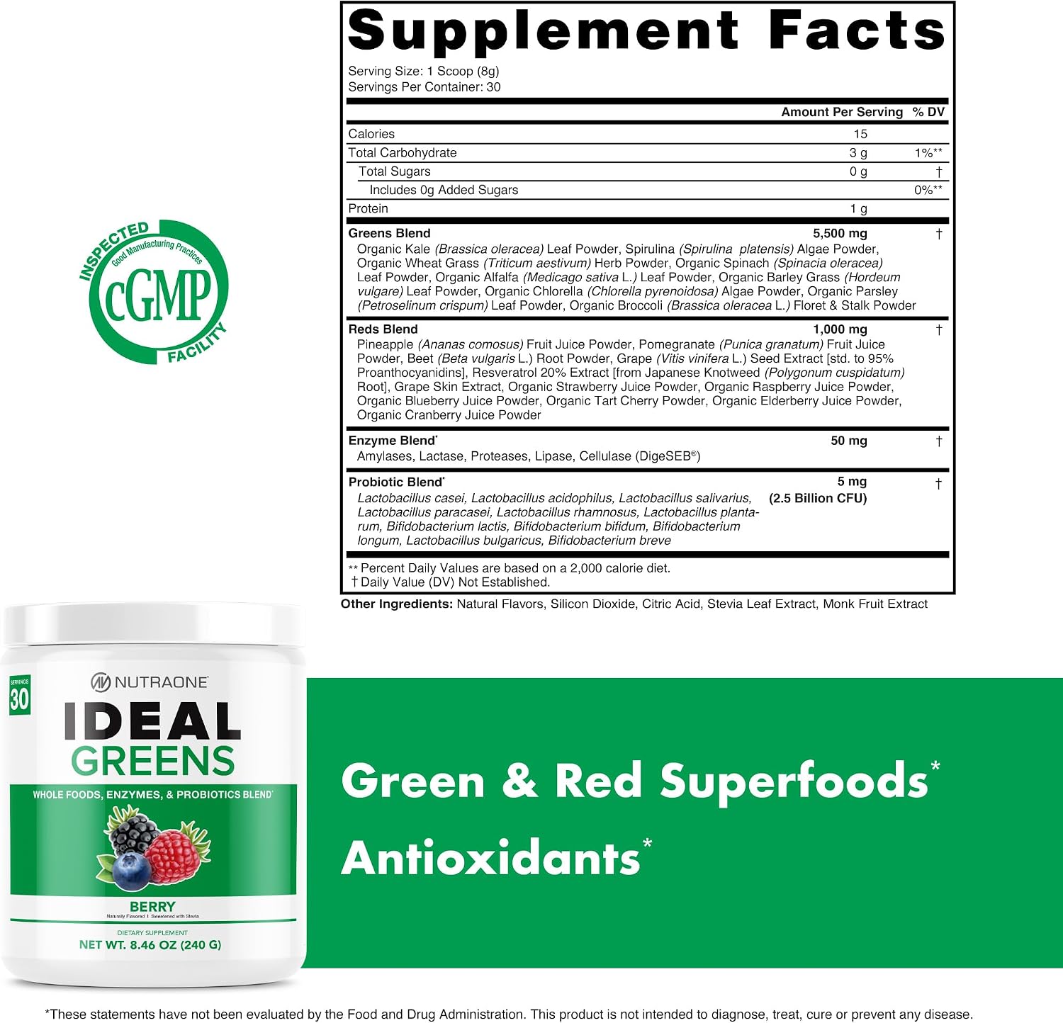NutraOne Ideal Greens: Suplemento de Superalimentos Verdes en Polvo (30 raciones, sabor bayas)