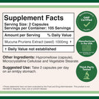 Cápsulas de Extracto de Mucuna Pruriens - 1000 mg por ración, 20% L-Dopa - 210 Cápsulas