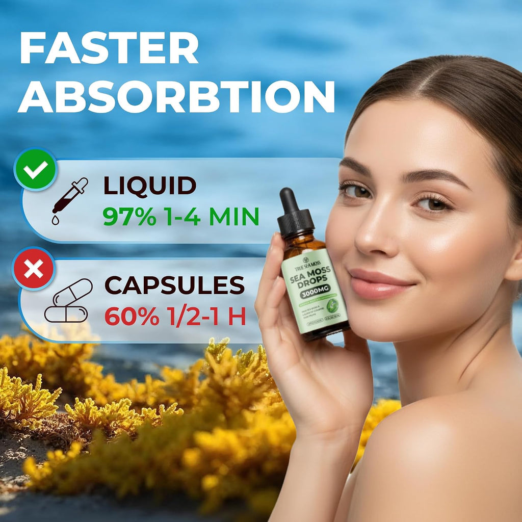 TrueSeaMoss Irish Sea Moss Gotas Líquidas – Aceite de Semilla Negra, Extracto de Bladderwrack, Raíz de Bardana, Vitamina C y Zinc – Sabor Manzana – 30 Dosis