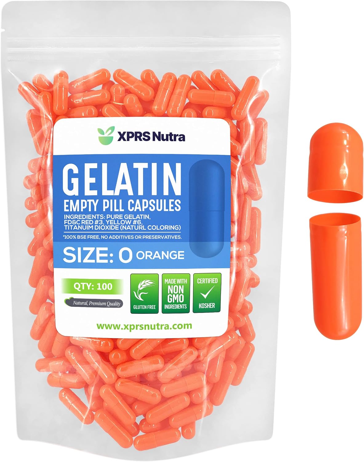 XPRS Nutra Cápsulas Vacías Tamaño 0 - 100 Unidades de Gelatina Pura - Naranja