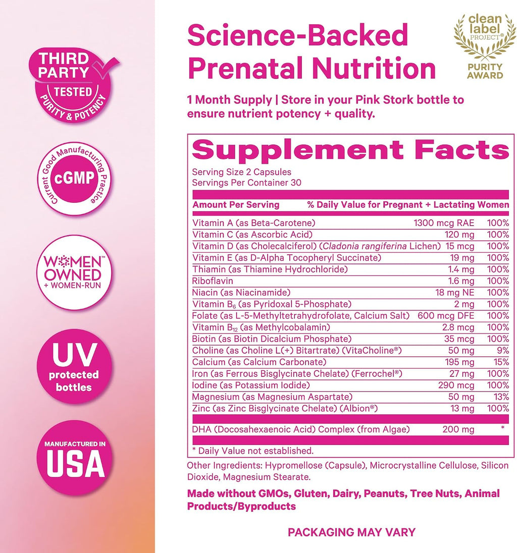 Pink Stork Total Prenatal Vitaminas con DHA - 60 Cápsulas (Menta)
