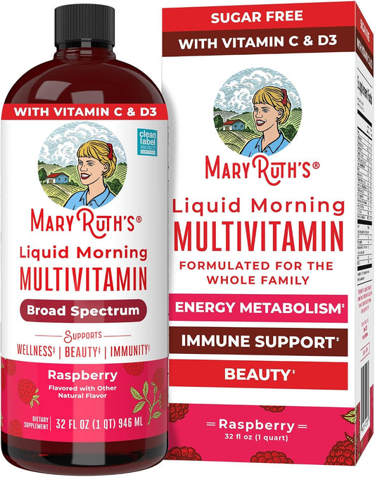 MaryRuth's Multivitamínico Líquido Matutino para Mujeres, Hombres y Niños - Vitaminas A, C, D, E, B6, B12, Biotina, Zinc - Vegano - Sin Gluten - 32 Raciones