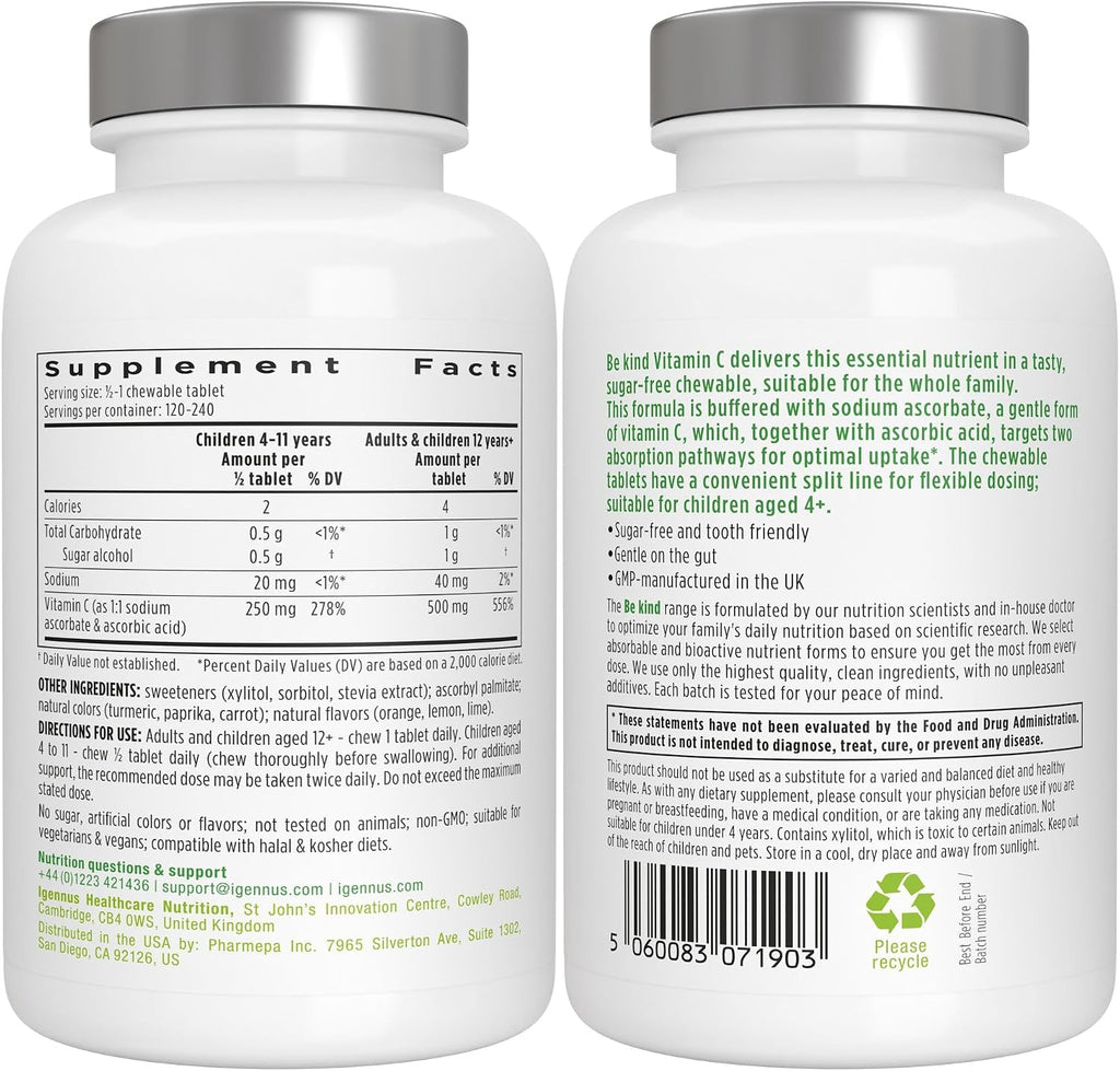 Igennus Vitamin C Chewable 500mg - Tamponada y Suave para Niños y Adultos - 120 Comprimidos