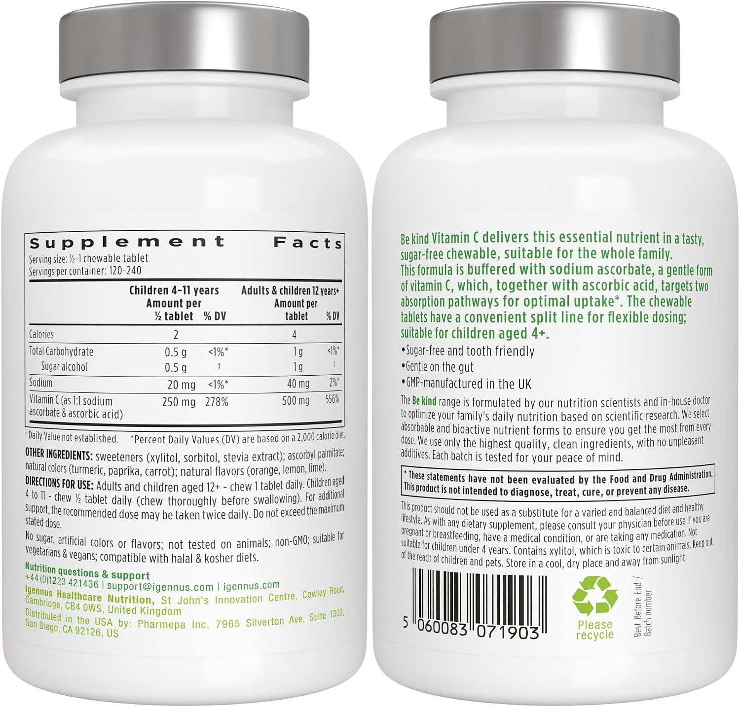 Igennus Vitamin C Chewable 500mg - Tamponada y Suave para Niños y Adultos - 120 Comprimidos