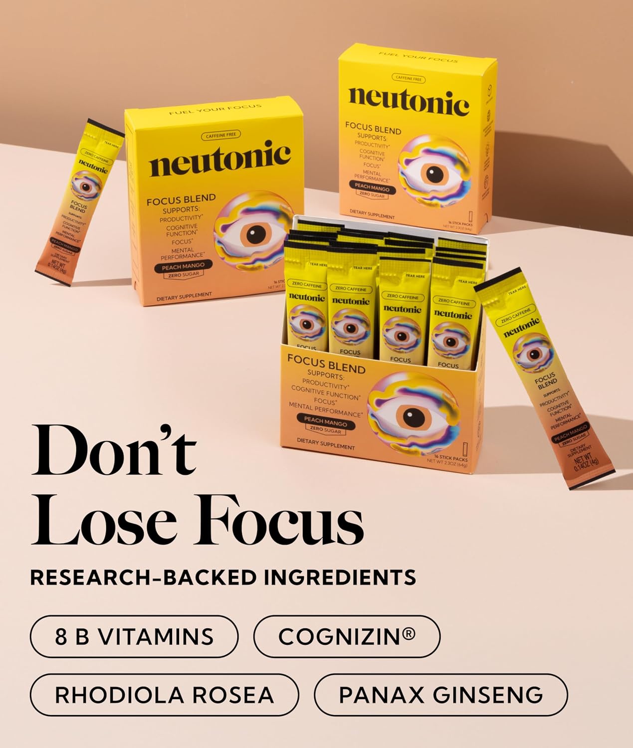 Neutonic Mezcla Nootrópica en Polvo Sabor Peach Mango | 16 Sticks | Sin Cafeína, Sin Azúcar | Apoyo a la Memoria, Concentración y Función Cognitiva