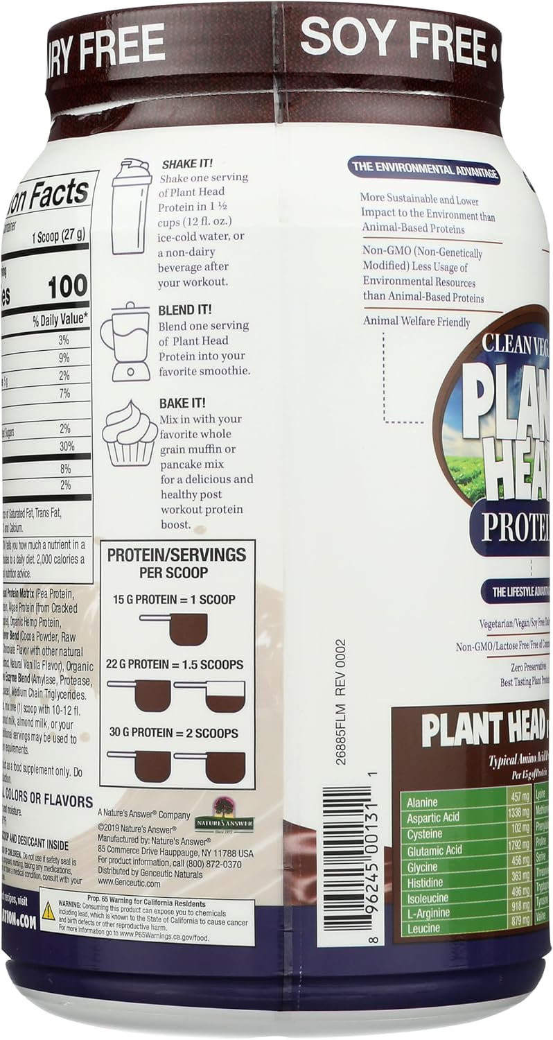 Genceutic Naturals Plant Head Protein - Plant-Based Protein Supplement, Chocolate, 822g