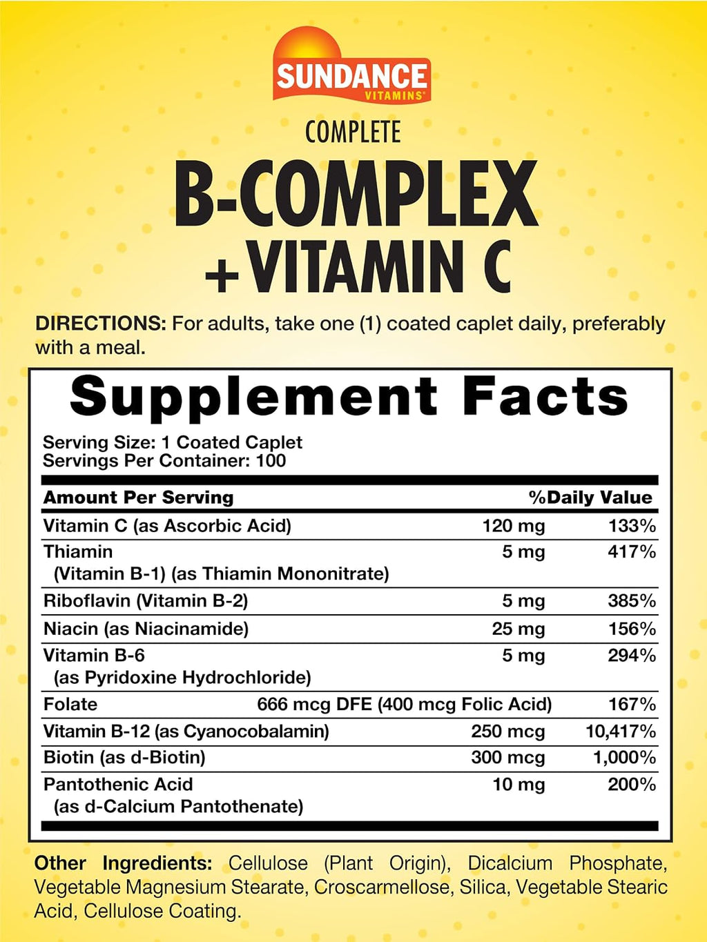 Sundance Complejo B Completo con Vitamina C | 100 Cápsulas | Fórmula de Vitaminas Esencial | Vegetariano, No OGM y Sin Gluten
