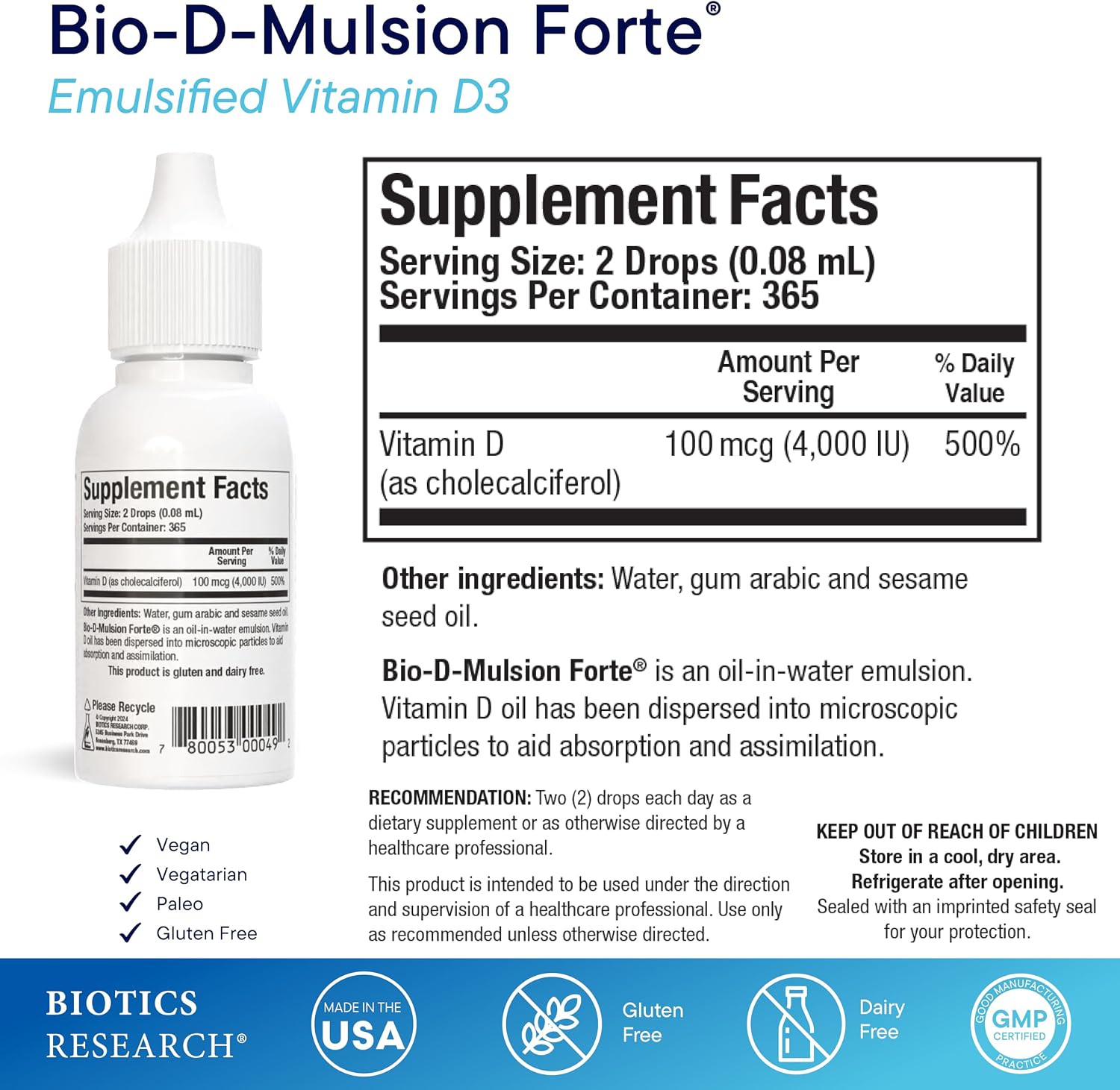 BIOTICS RESEARCH Bio-D-Mulsion Forte Liquid Vitamin D3 2000 IU/drop – 30 ml
