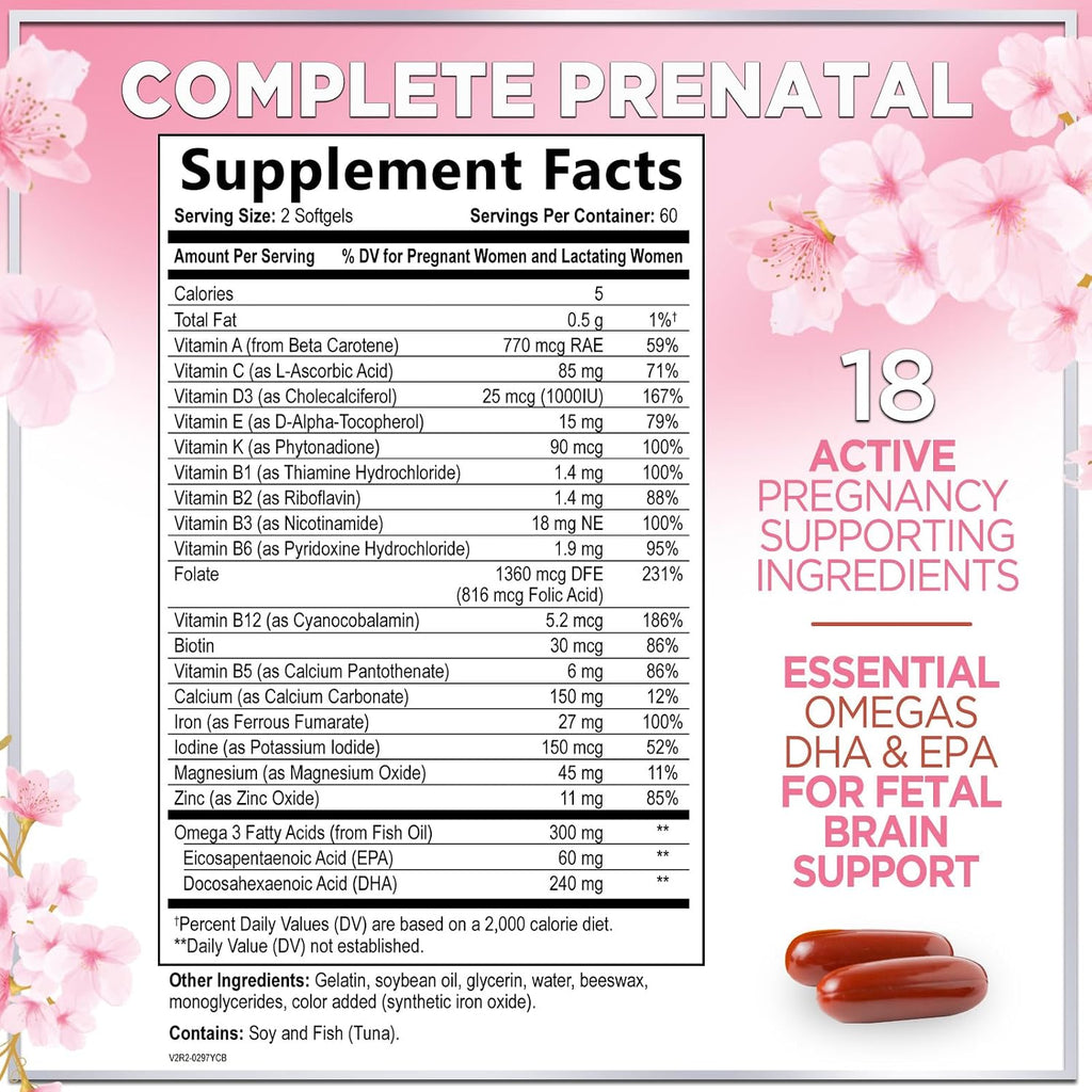 Hello Lovely! Vitaminas Prenatales con Ácido Fólico + Omega 3 DHA - 120 Cápsulas Blandas