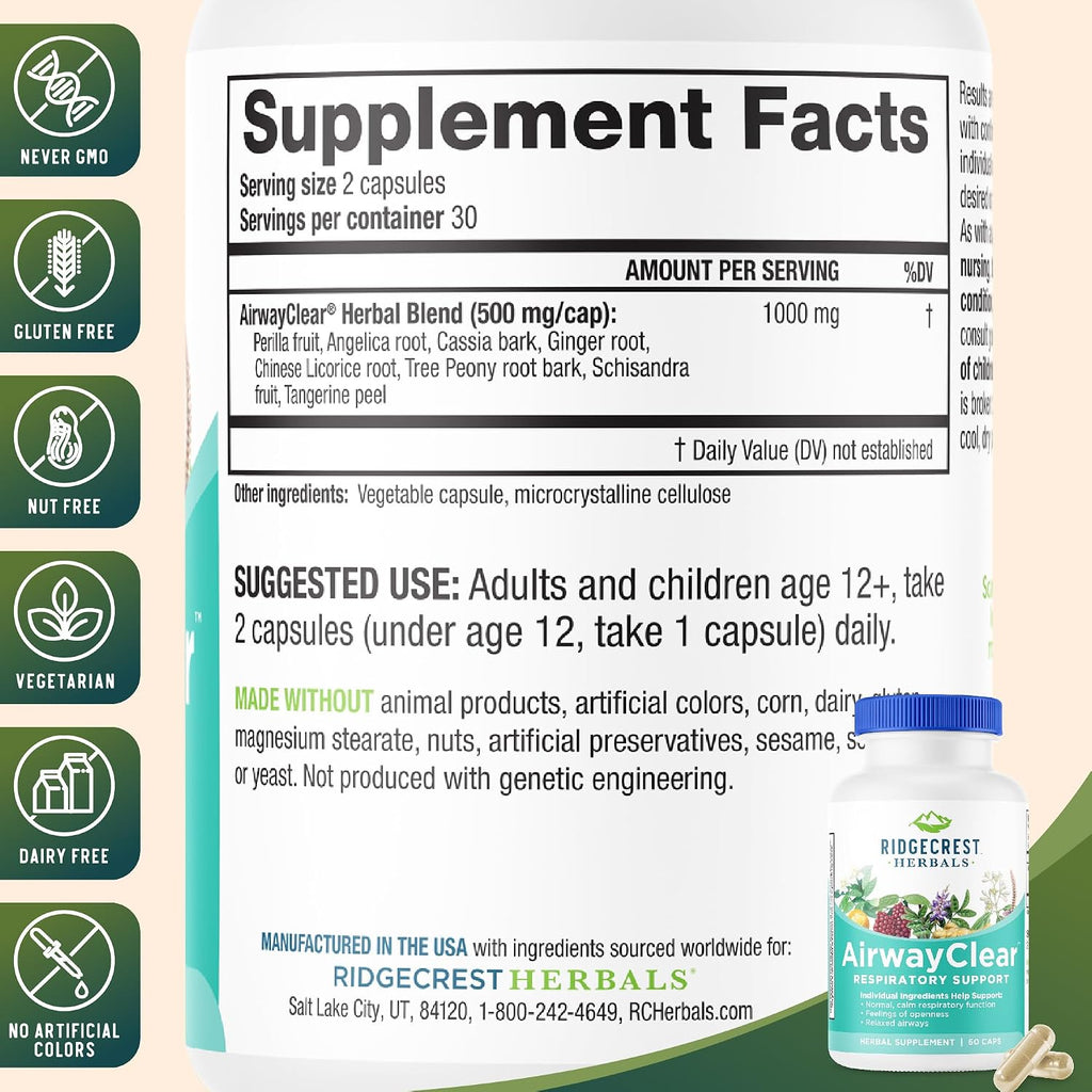 AirwayClear - Suplemento Herbal para la Salud Pulmonar y Respiratoria (60 Cápsulas Veganas)