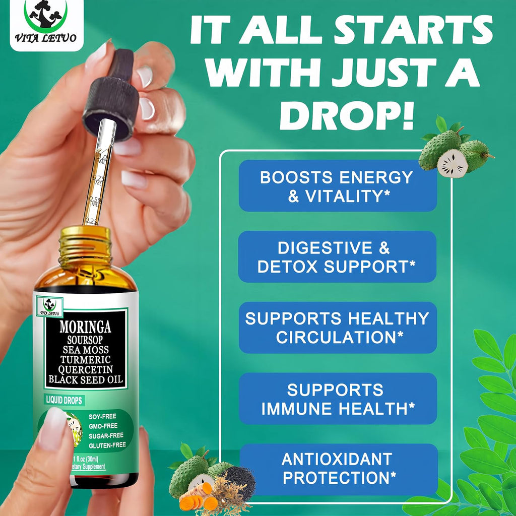 Moringa Drops – Extracto Líquido Puro de Moringa Oleifera con Soursop, Sea Moss, Aceite de Semilla Negra, Quercetina y Cúrcuma | Suplemento Superfood Multimineral y Vitaminas