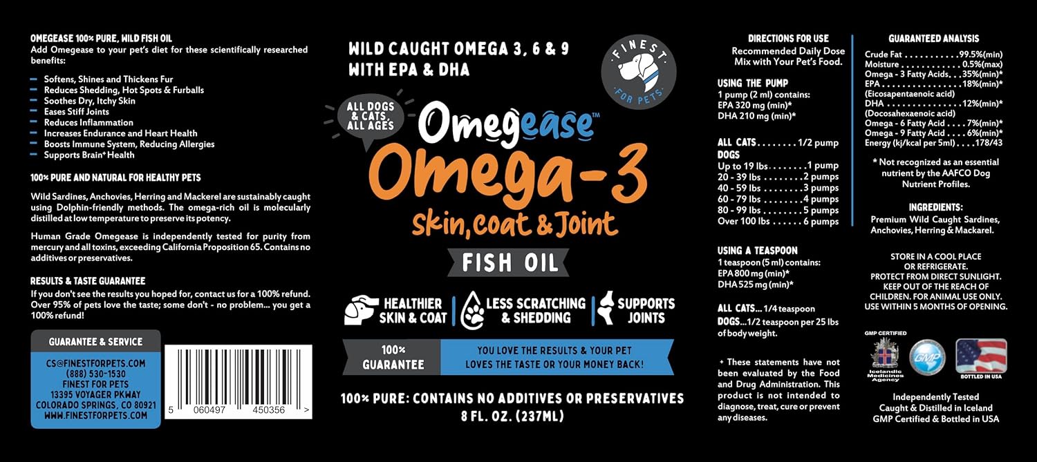 Aceite de Pescado Puro 100% para Perros y Gatos (1.545 mg de Omega 3 por Cucharadita) 237 ml