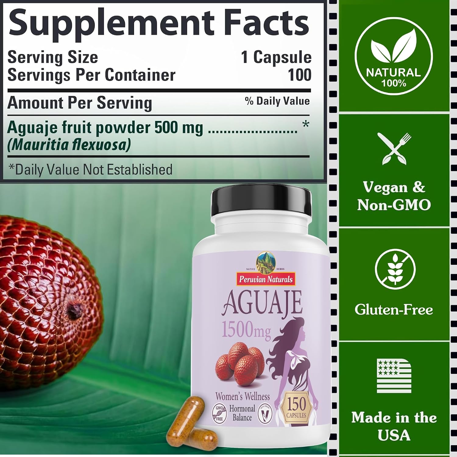 Peruvian Naturals Aguaje Cápsulas para Mujer 150 Comprimidos - Curvas Naturales, Equilibrio Hormonal, Vegano